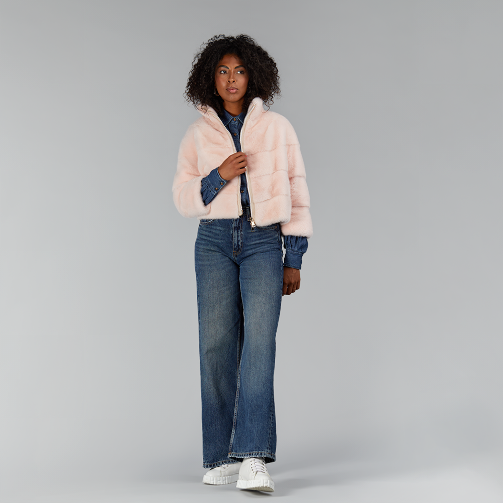 Bomber en vison avec fermeture éclair rose de 50 cm