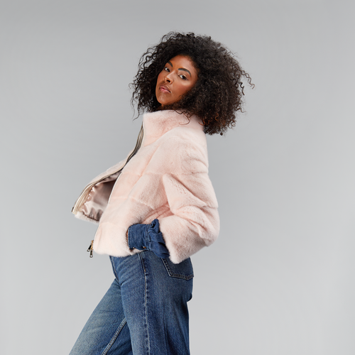 Bomber in visone con zip rosa 50 cm