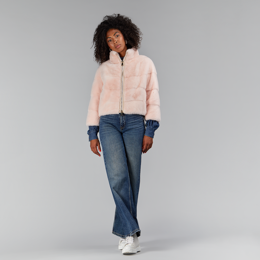 Bomber in visone con zip rosa 50 cm