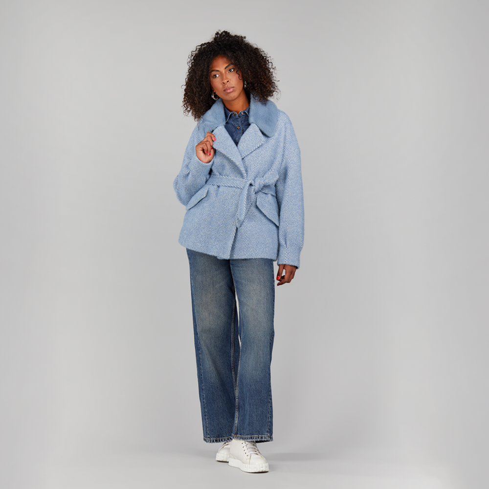 Cardigan in lama con cintura in vita azzurro 70 cm