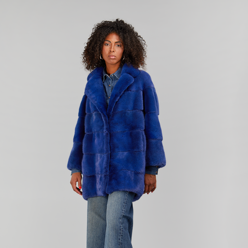 Cappotto in visone con collo inglese blu copia 85 cm