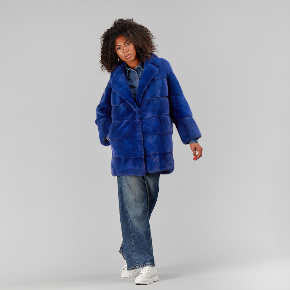 Cappotto in visone con collo inglese blu copia 85 cm