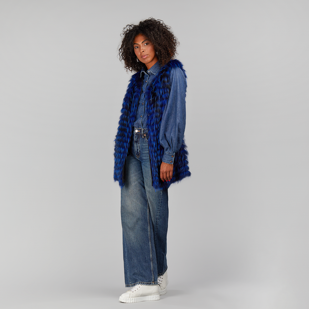 Gilet in volpe filettata blue elettrico 75cm