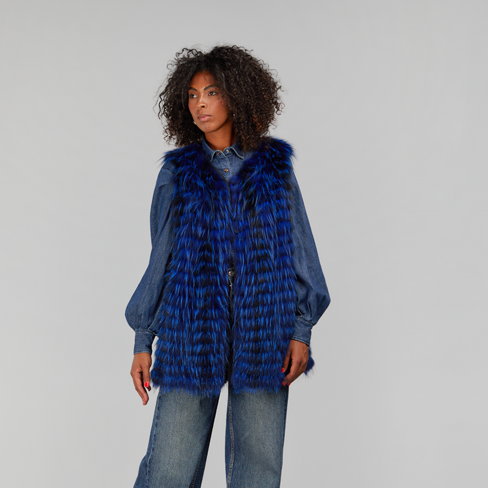 Gilet in volpe filettata blue elettrico 75cm
