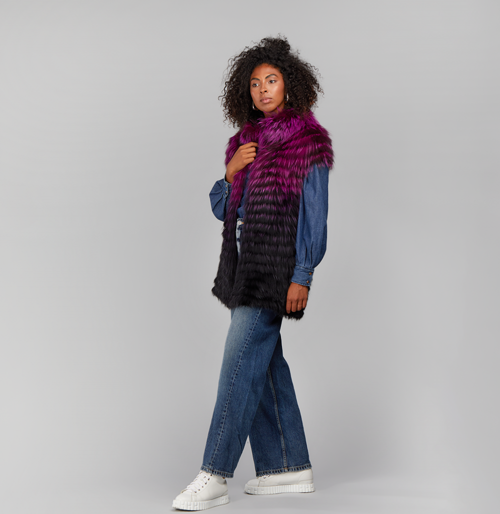 Gilet in volpe filettata con collo viola e nero 75cm