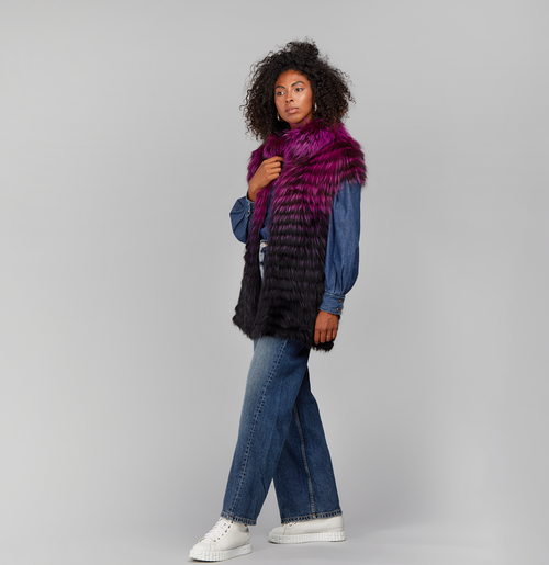 Gilet in volpe filettata con collo viola e nero 75cm