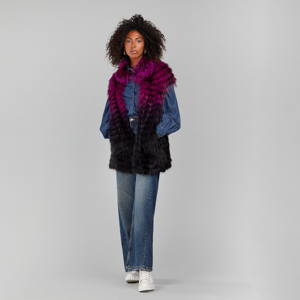 Gilet in volpe filettata con collo viola e nero 75cm