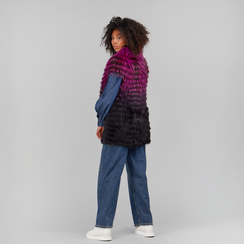 Gilet in volpe filettata con collo viola e nero 75cm