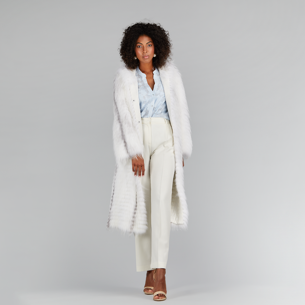 Cappotto lungo con cappuccio oversized in volpe cross bianco 110cm