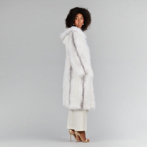 Cappotto lungo con cappuccio oversized in volpe cross bianco 110cm