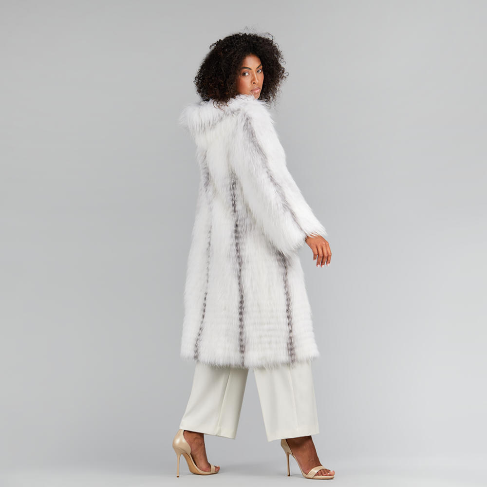 Cappotto lungo con cappuccio oversized in volpe cross bianco 110cm