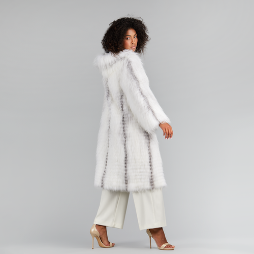 Cappotto lungo con cappuccio oversized in volpe cross bianco 110cm