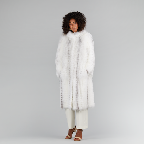 Cappotto lungo con cappuccio oversized in volpe cross bianco 110cm