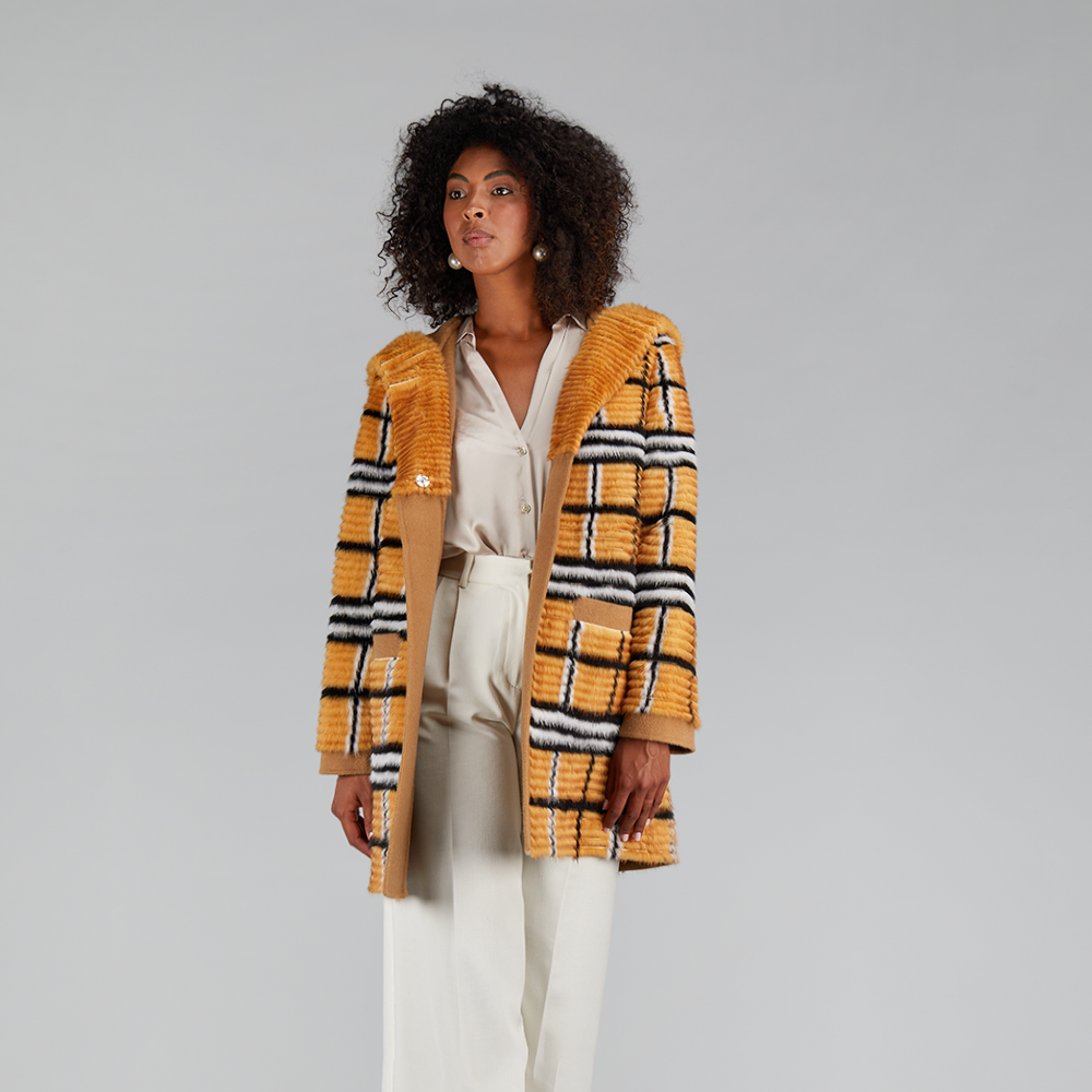 Cappotto di visone filettato reversibile a quadri cammello 85cm
