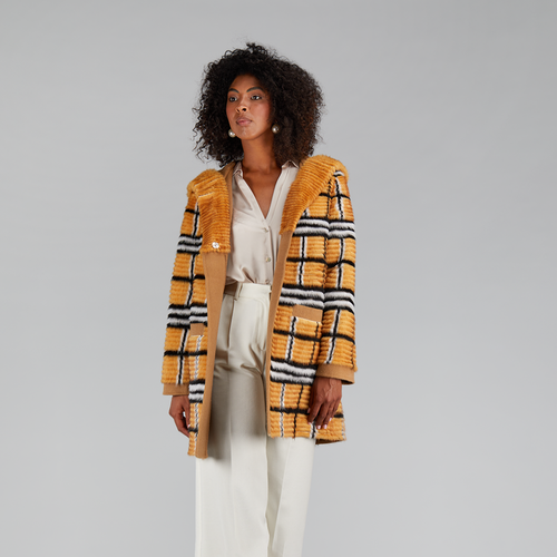 Cappotto di visone filettato reversibile a quadri cammello 85cm