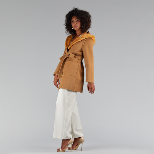 Cappotto di visone filettato reversibile a quadri cammello 85cm
