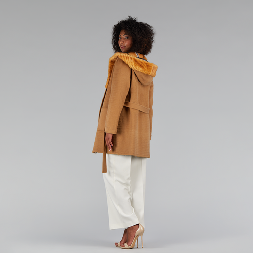 Cappotto di visone filettato reversibile a quadri cammello 85cm