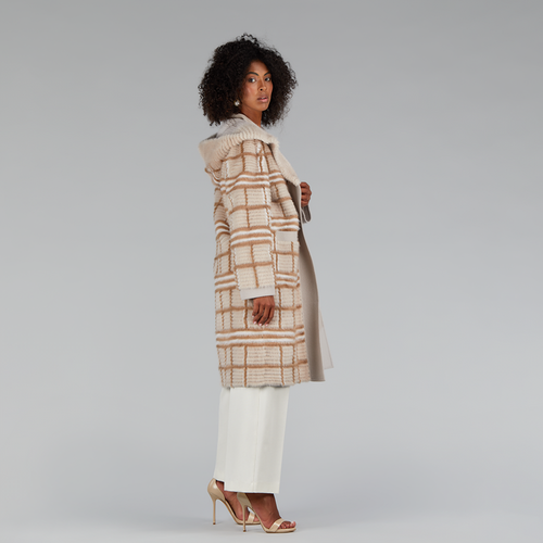 Manteau en vison fileté long réversible à carreaux beige de 105 cm