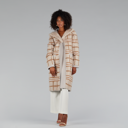 Cappotto di visone filettato lungo reversibile a quadri beige 105cm 