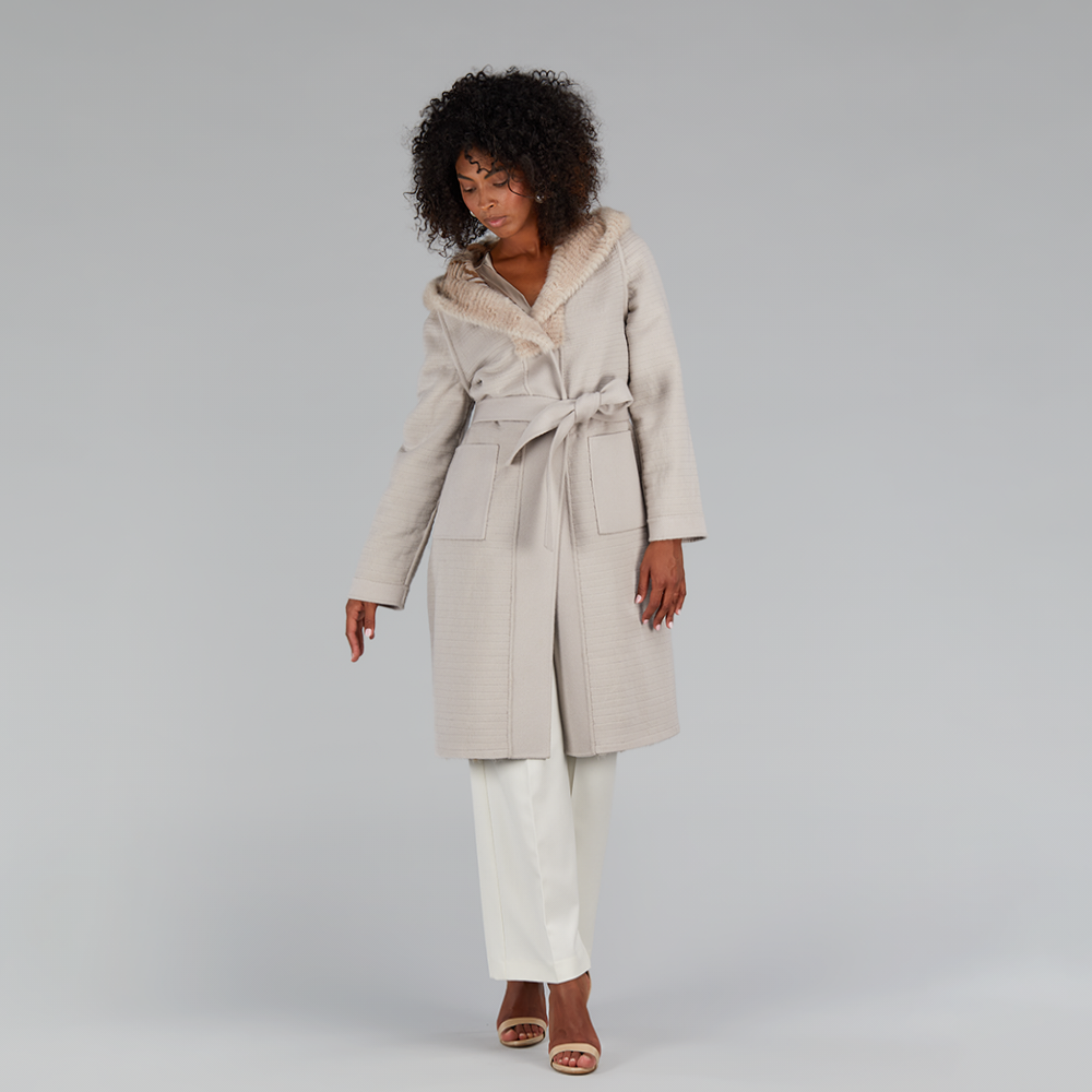 Manteau en vison fileté long réversible à carreaux beige de 105 cm