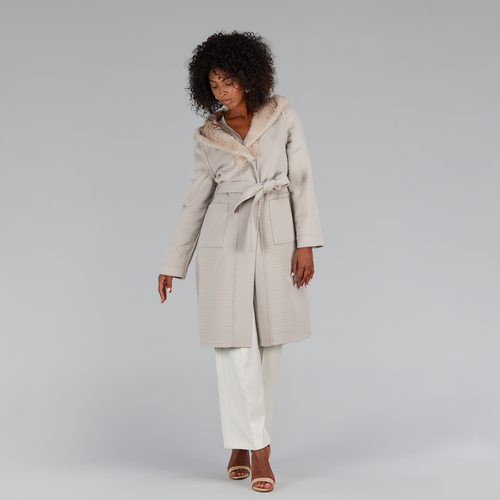 Manteau en vison fileté long réversible à carreaux beige de 105 cm