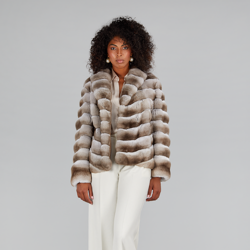 Giacca in cincillà con collo inglese beige 60 cm