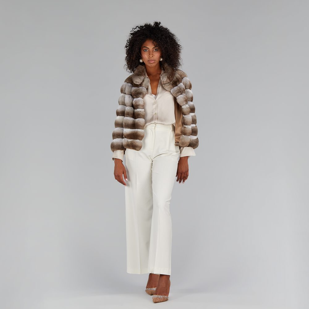 Veste courte en vison avec col haut beige de 55cm