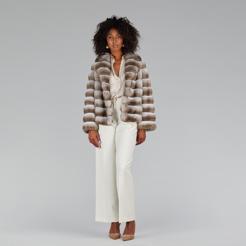 Giacca corta di cincillà con collo inglese beige 60cm