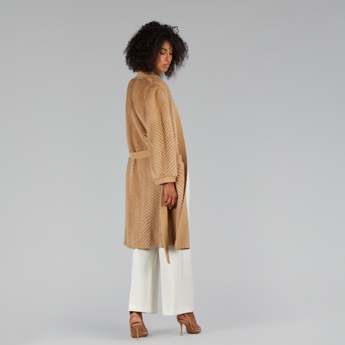 Cardigan lungo di visone filettato con dettagli in cashmere cammello 110cm