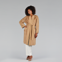 Cardigan lungo di visone filettato con dettagli in cashmere cammello 110cm