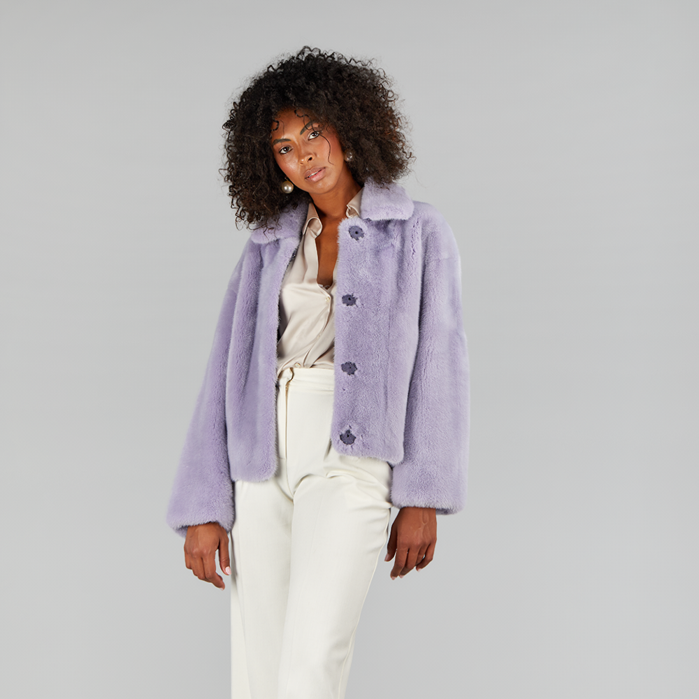 Veste en vison en cuir intégral avec boutons lilas de 60 cm