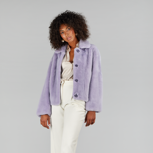 Veste en vison en cuir intégral avec boutons lilas de 60 cm