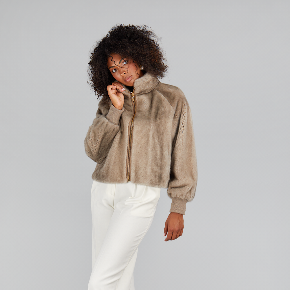 Bomber di visone con zip a pelle intera e polsini silver blue 55cm