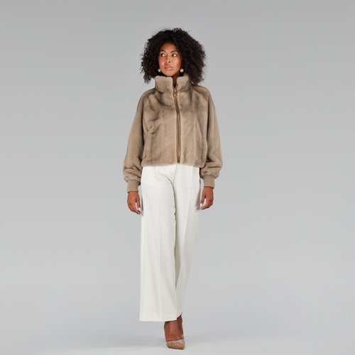 Bomber di visone con zip a pelle intera e polsini silver blue 55cm