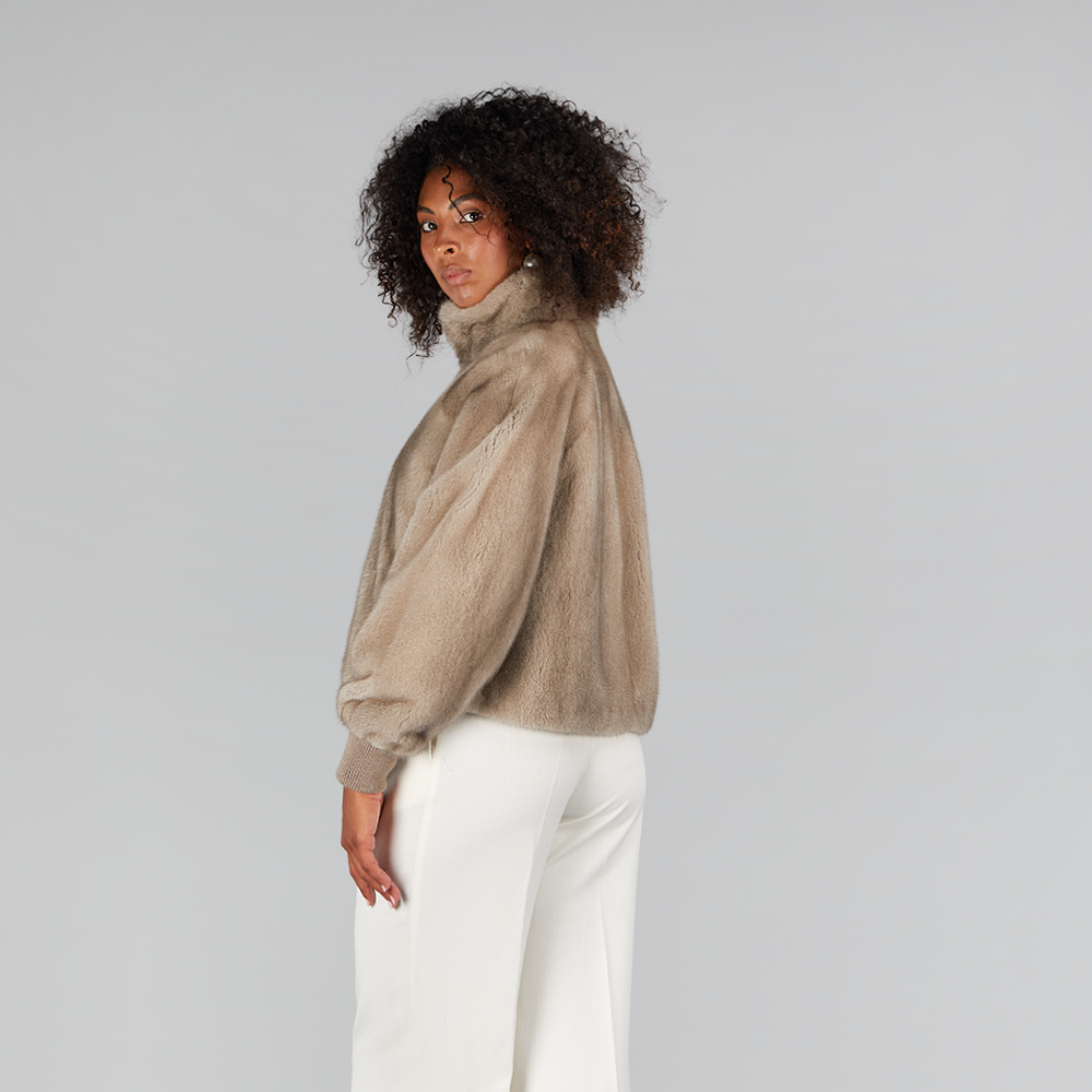 Bomber di visone con zip a pelle intera e polsini silver blue 55cm