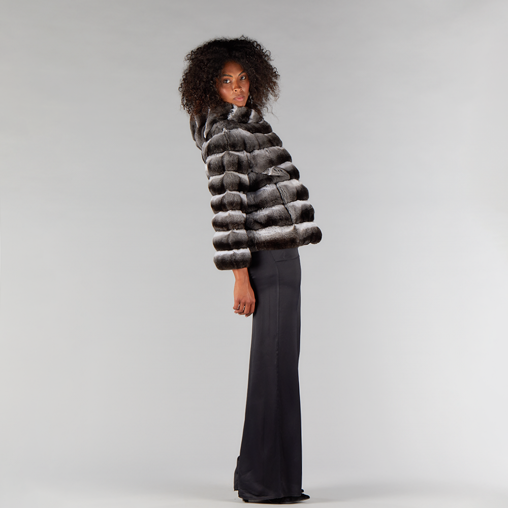 Natural chinchilla jacket with hood, 65 cm.