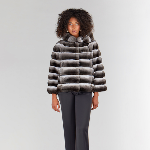 Natural chinchilla jacket with hood, 65 cm.