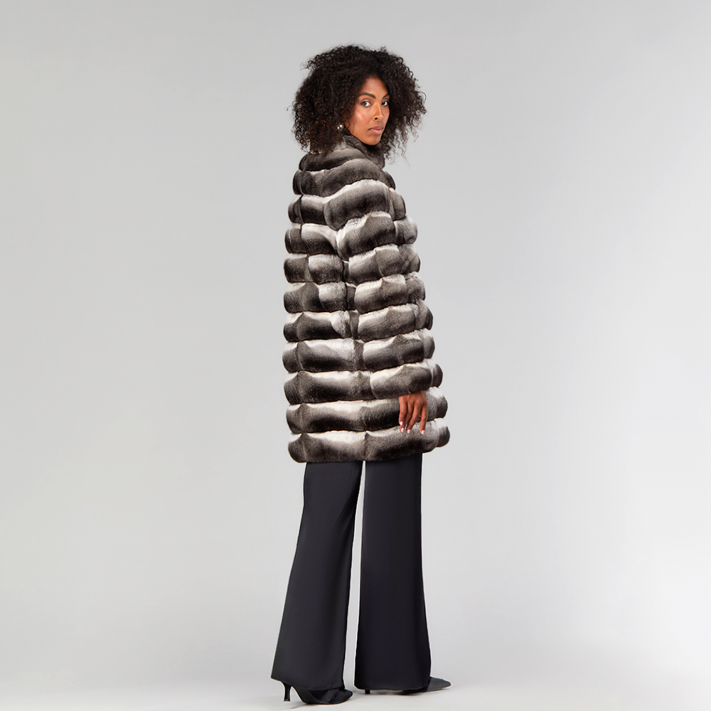 Cappotto di cincillà al ginocchio naturale 90cm