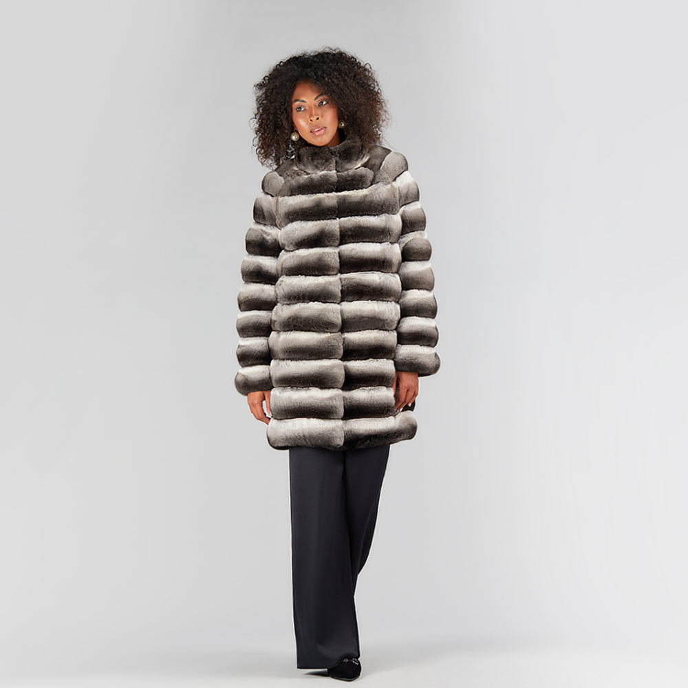 Cappotto di cincillà al ginocchio naturale 90cm