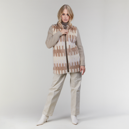 Giacca in visone con dettagli in lana beige 70 cm