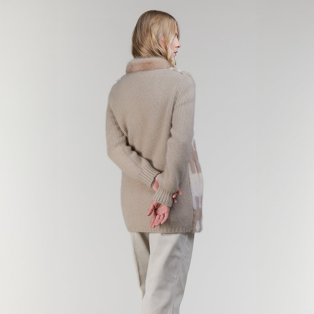 Giacca in visone con dettagli in lana beige 70 cm