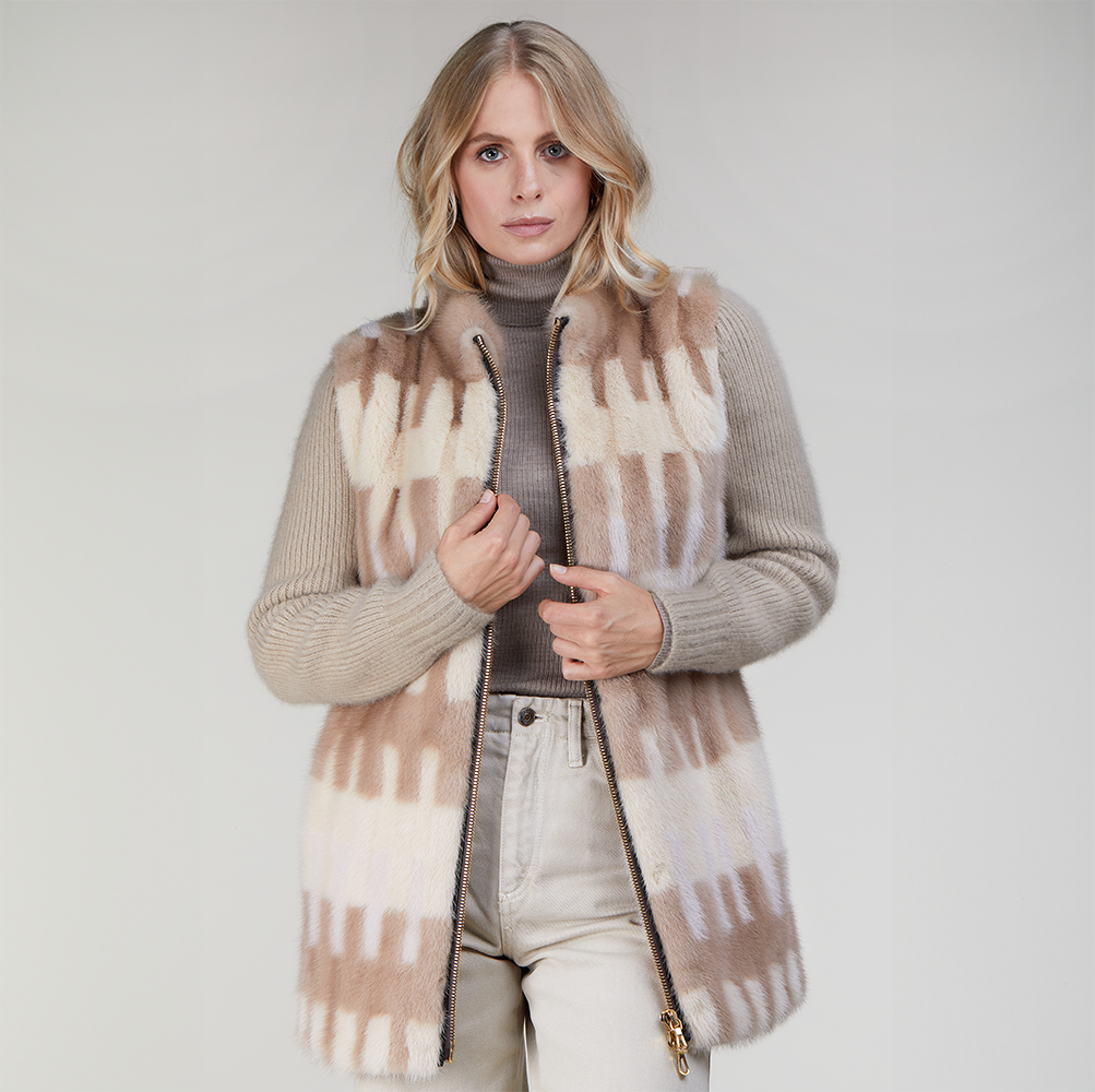 Giacca in visone con dettagli in lana beige 70 cm