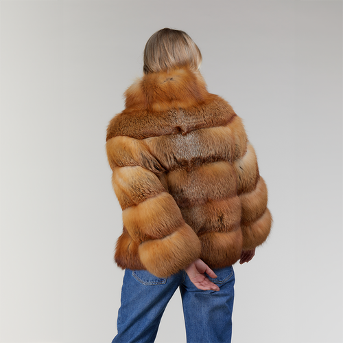 Короткая куртка из красной лисы с высоким воротником 60 см