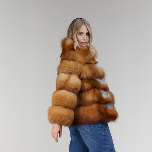 Короткая куртка из красной лисы с высоким воротником 60 см