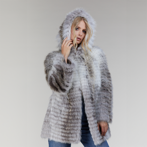Giacca in volpe argentata con cappuccio reversibile naturale 75cm