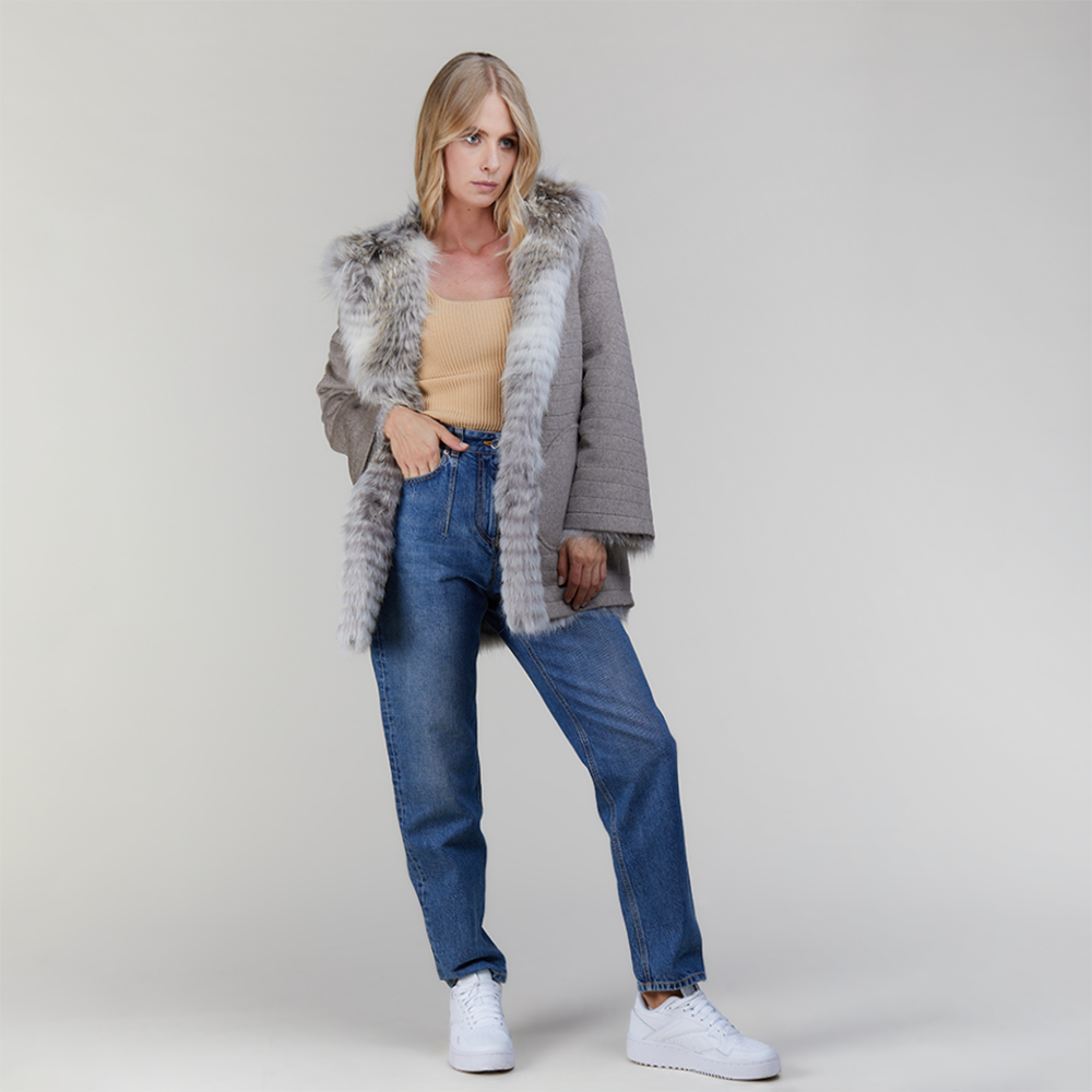 Giacca in volpe argentata con cappuccio reversibile naturale 75cm