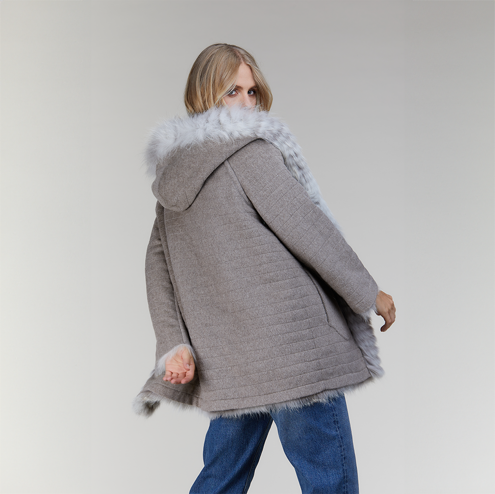 Giacca in volpe argentata con cappuccio reversibile naturale 75cm
