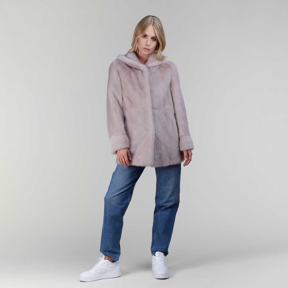 Giacca in visone pelle intera con cappuccio rosa 70 cm