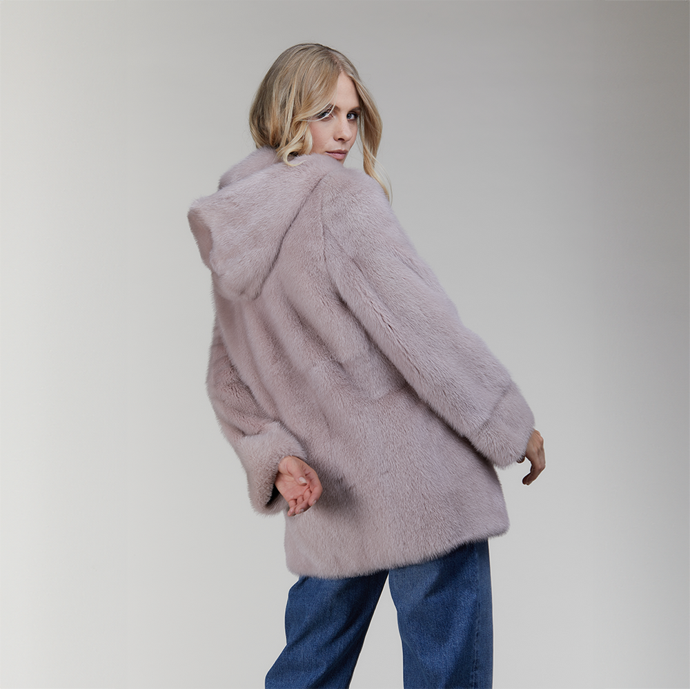 Giacca in visone pelle intera con cappuccio rosa 70 cm