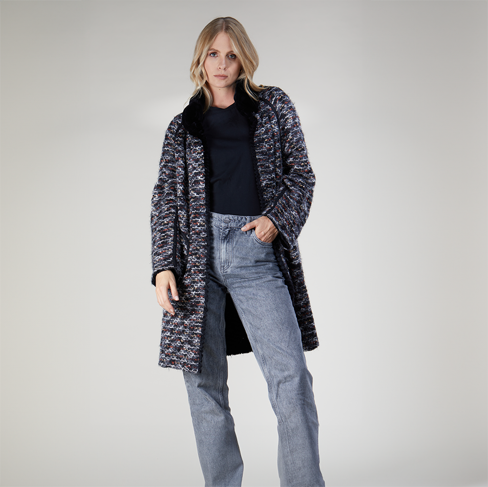 Manteau réversible en rex fileté noir de 90 cm